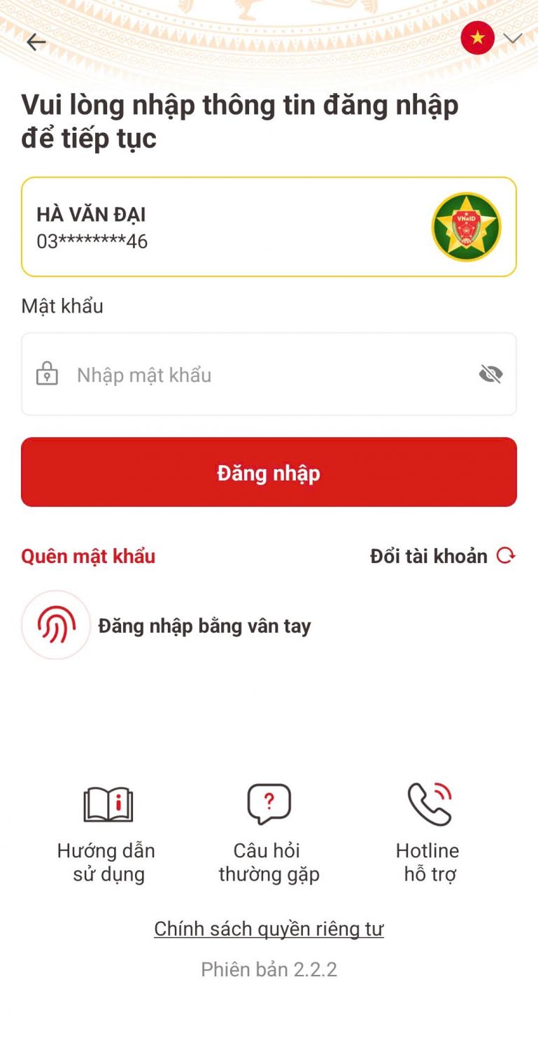 Đăng nhập ứng dụng VNeID