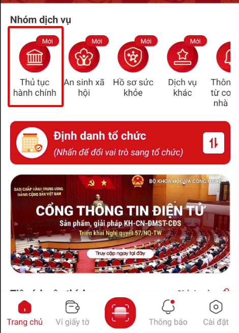 Chọn mục thủ tục hành chính trong VNeID