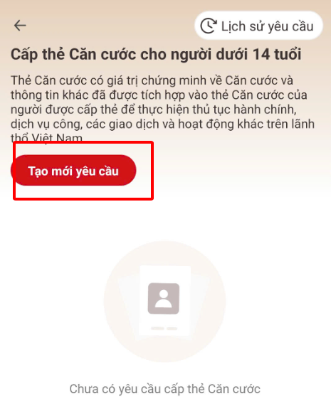Nút Tạo mới yêu cầu trong VNeID