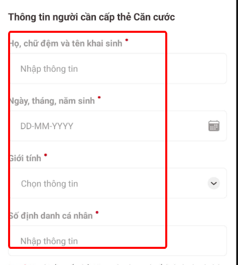 Trang khai báo thông tin trẻ em làm thẻ căn cước