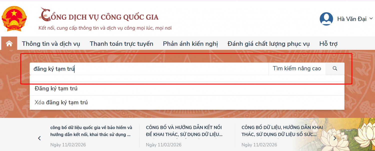 Tìm kiếm thủ tục đăng ký tạm trú