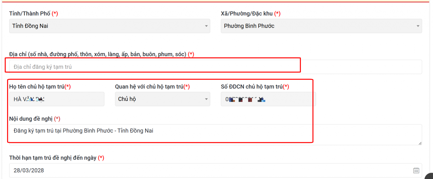 Thông tin đề nghị đăng ký tạm trú