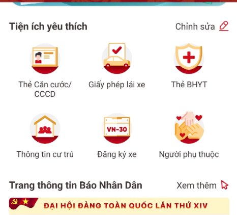 Giao diện cập nhật dịch vụ công trên ứng dụng VNeID
