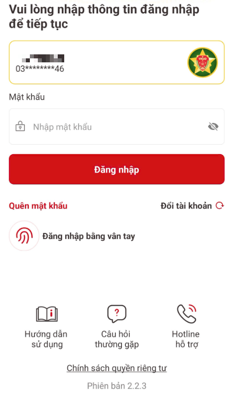 Giao diện ứng dụng VNeID