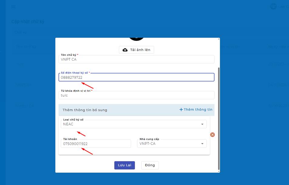 Nhập thông tin chữ ký NEAC