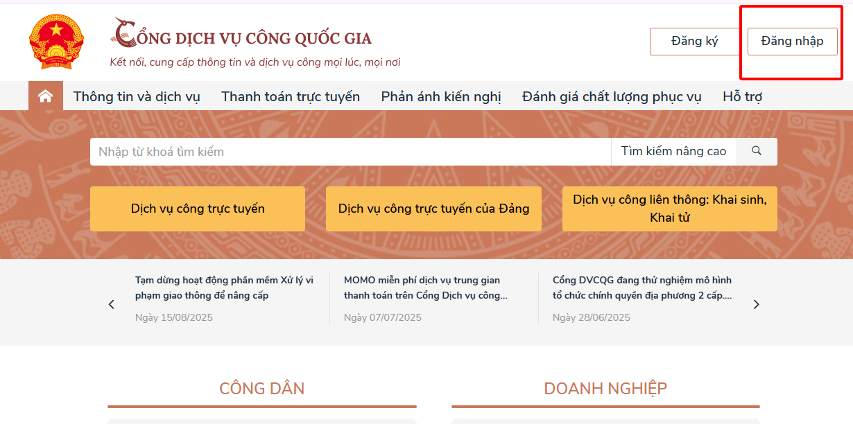 Đăng nhập Cổng Dịch vụ công bằng VNeID