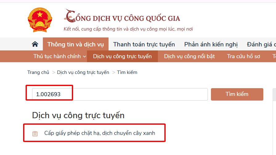 Tìm kiếm thủ tục trên Cổng Dịch vụ công