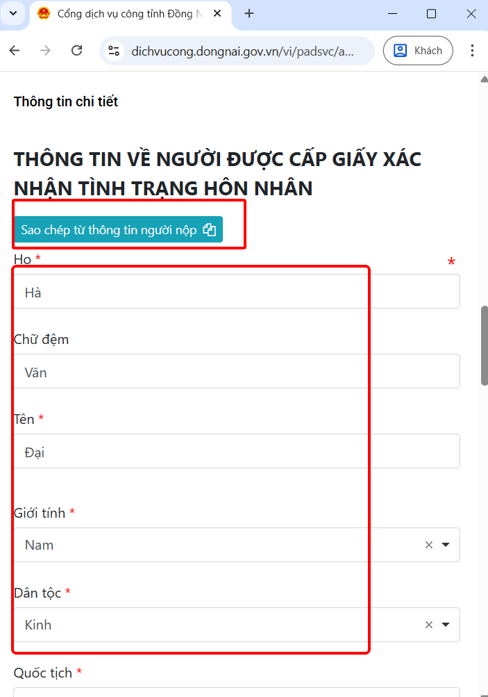 Nhập thông tin người được cấp giấy xác nhận tình trạng hôn nhân