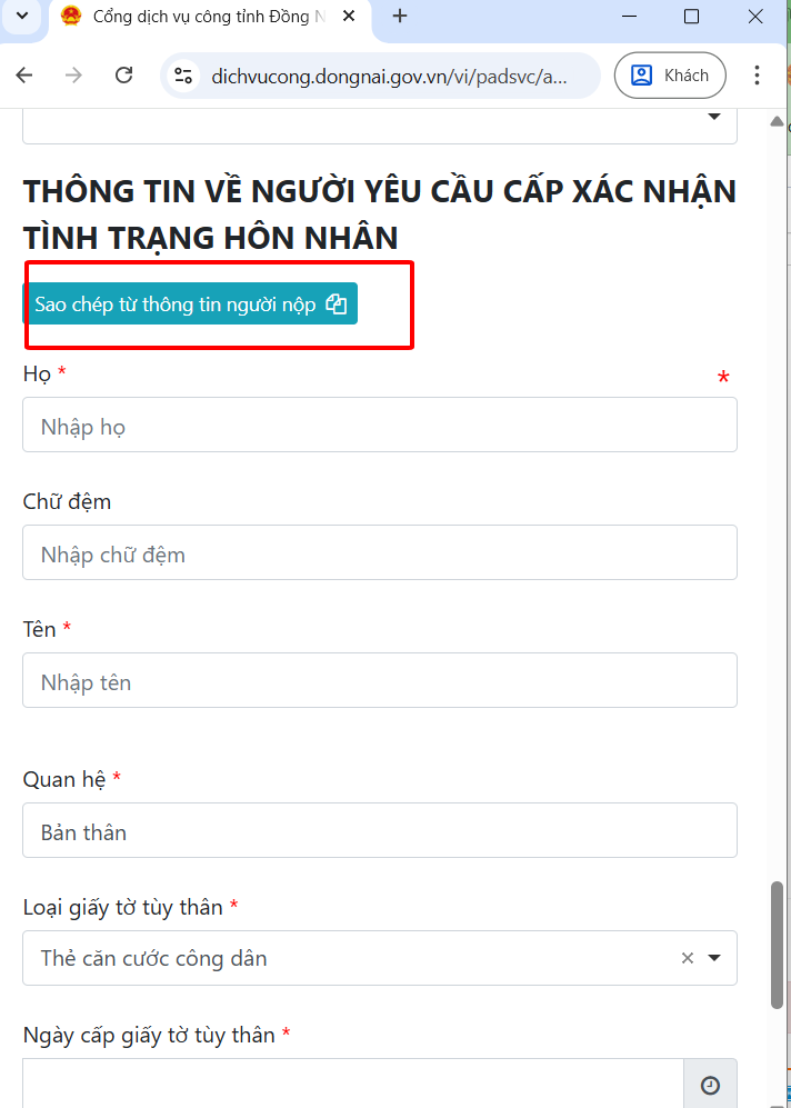 Thông tin người yêu cầu cấp giấy xác nhận tình trạng hôn nhân