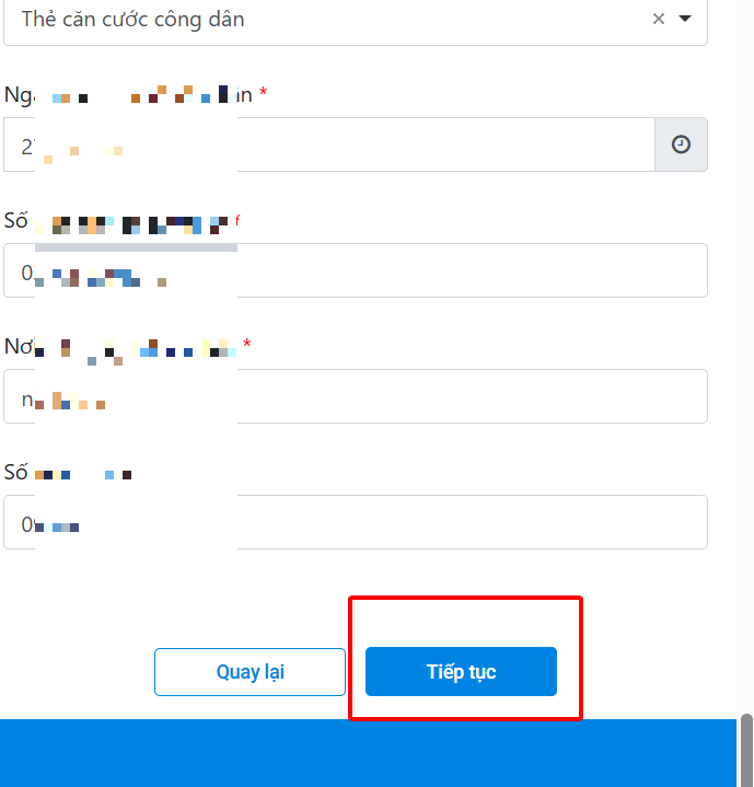 Chọn Tiếp tục để sang bước đính kèm hồ sơ