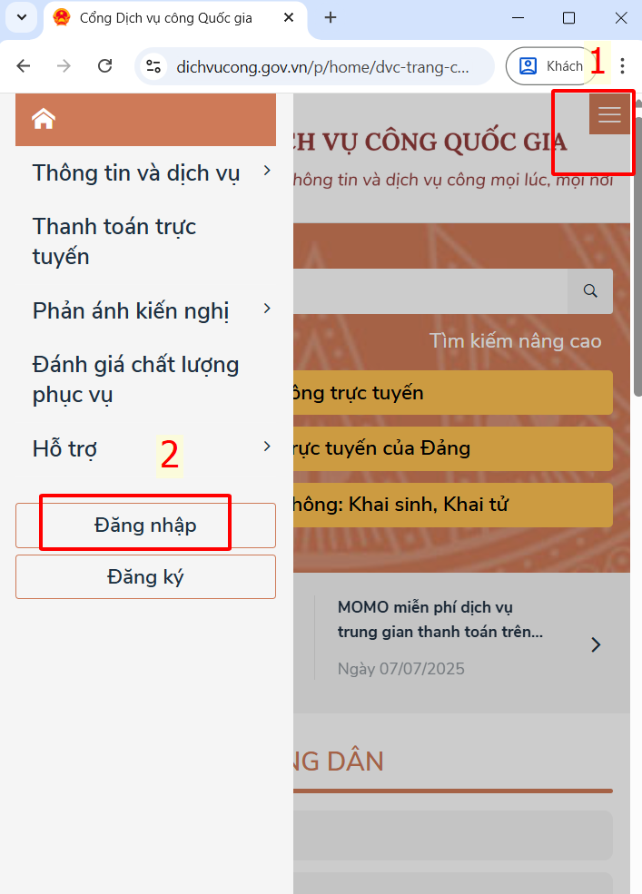 Màn hình đăng nhập Cổng Dịch vụ công