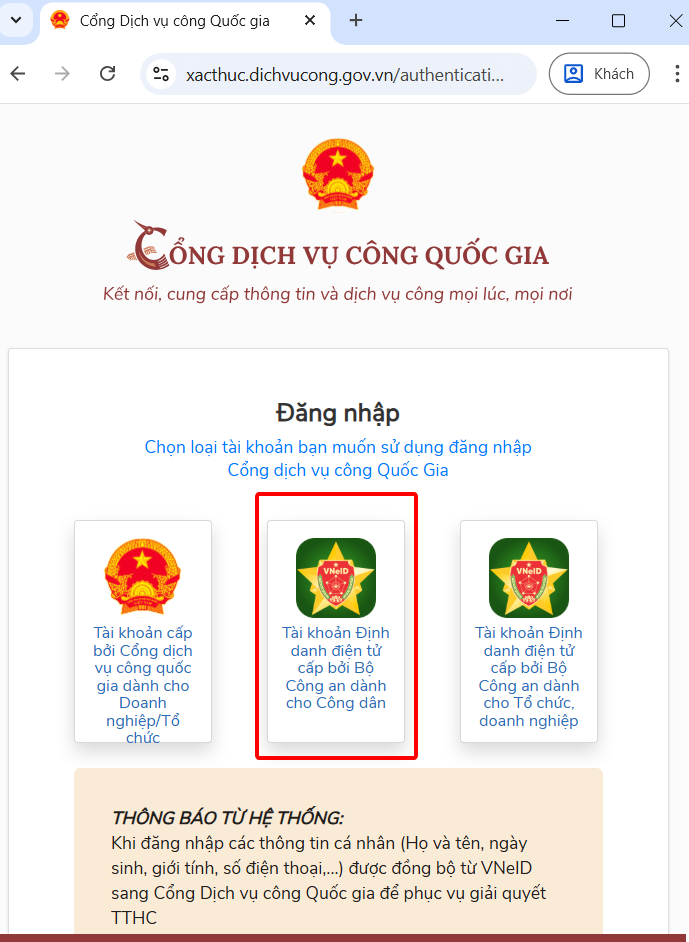 Chọn đăng nhập bằng tài khoản VNeID