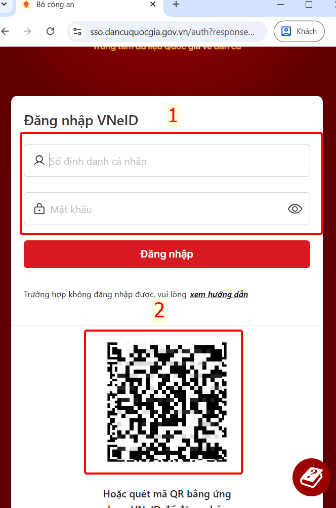 Đăng nhập bằng mã định danh và mật khẩu hoặc quét QR