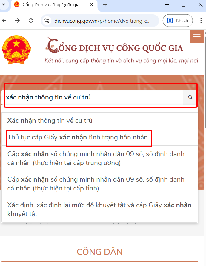 Tìm kiếm thủ tục cấp giấy xác nhận tình trạng hôn nhân