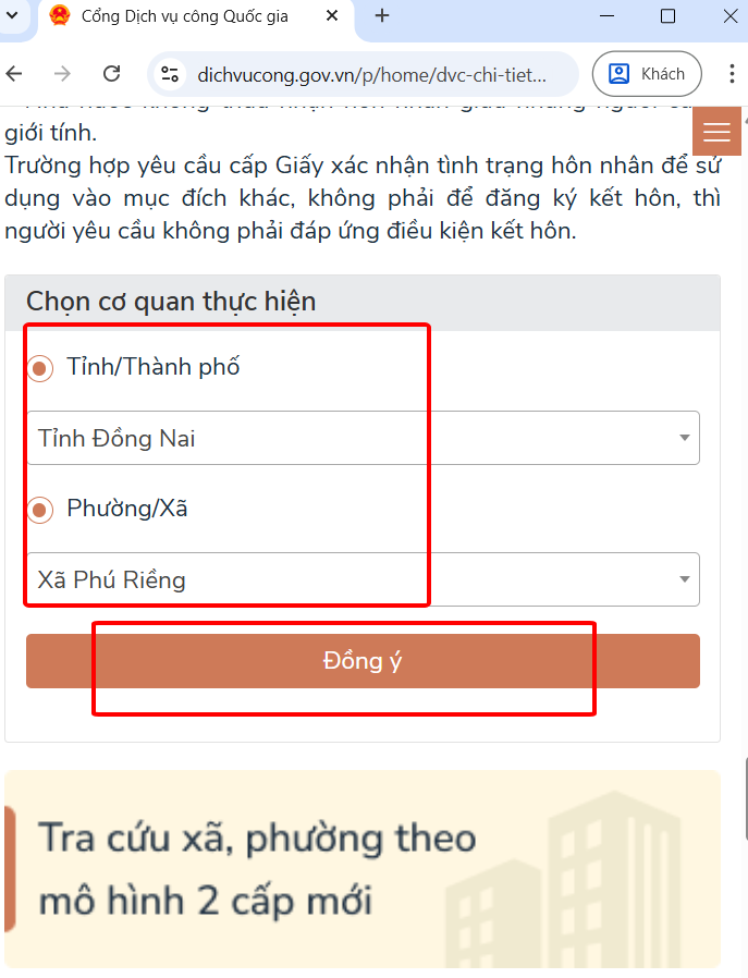 Chọn cơ quan thực hiện cấp giấy xác nhận tình trạng hôn nhân