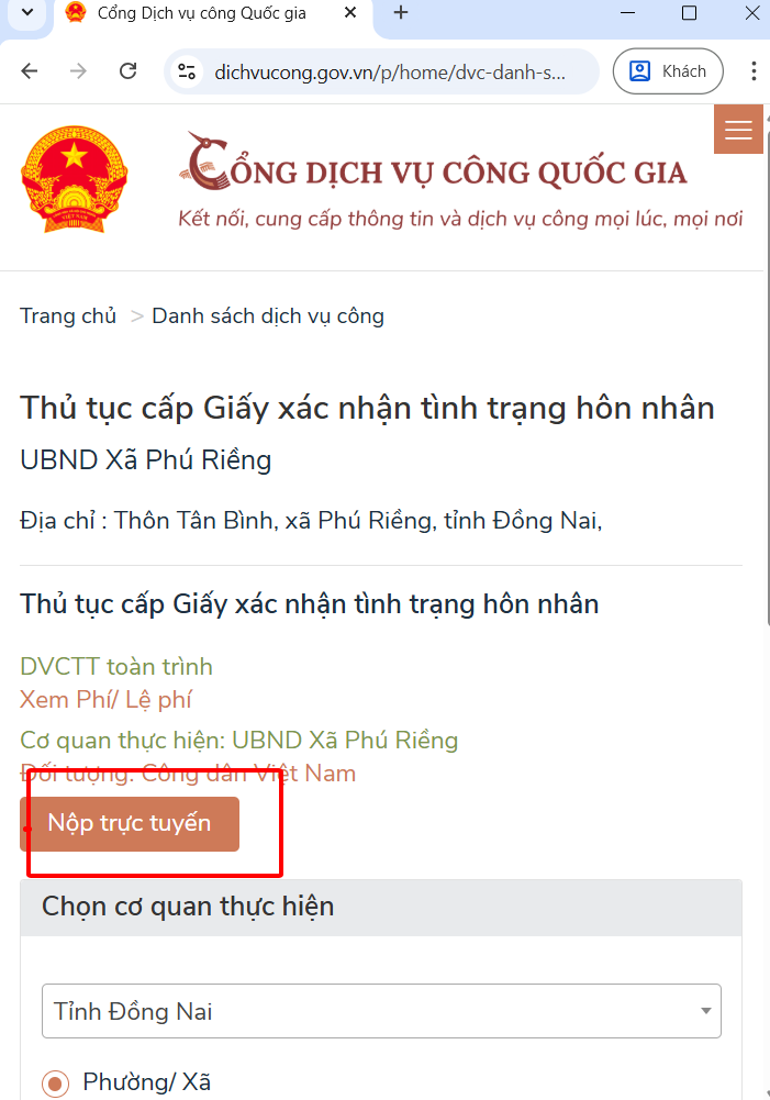Chọn nộp hồ sơ trực tuyến