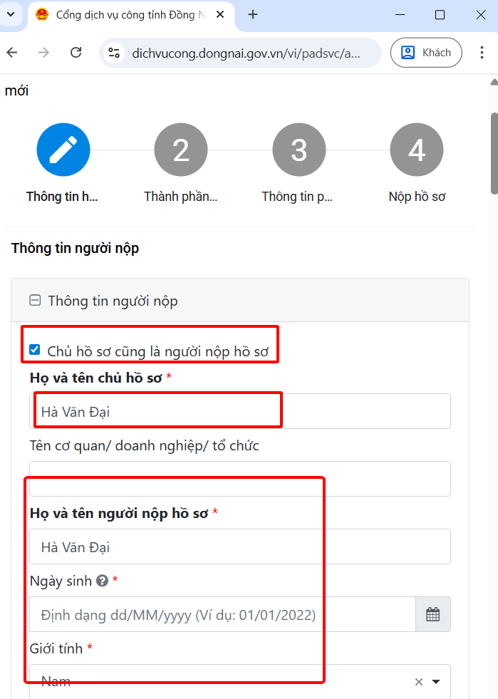 Nhập thông tin người nộp hồ sơ