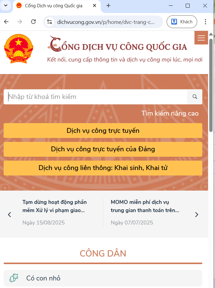 Trang chủ Cổng Dịch vụ công Quốc gia