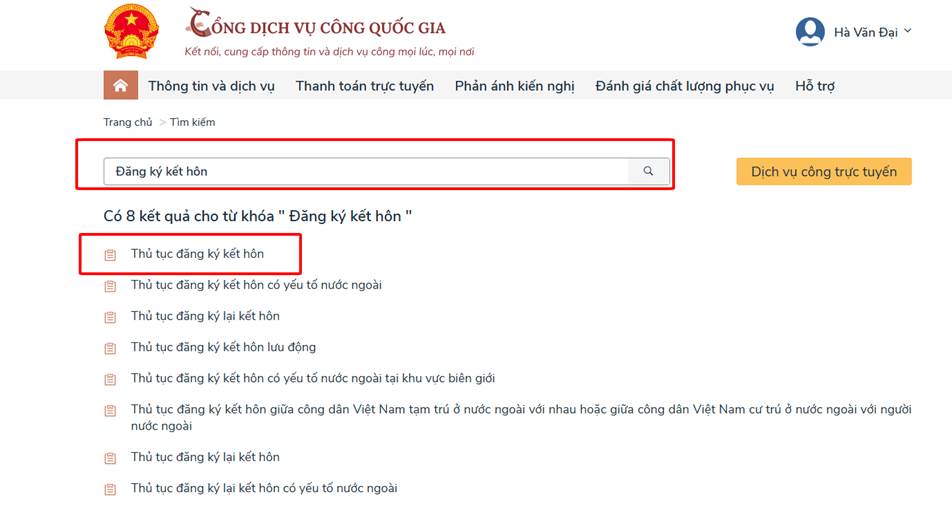 Tìm kiếm thủ tục đăng ký kết hôn