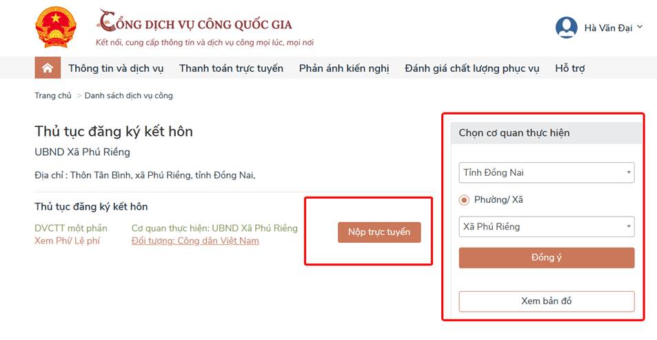 Chọn cơ quan thực hiện và nộp trực tuyến