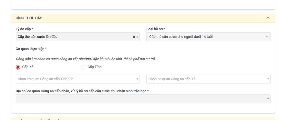 Chọn lý do cấp và cơ quan tiếp nhận